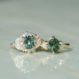 1.70ct Green Kenyan Fantasy Cut Sapphire and Diamond Antique Milgrain Three Stone Low Profile Ring in 18k Yellow Gold