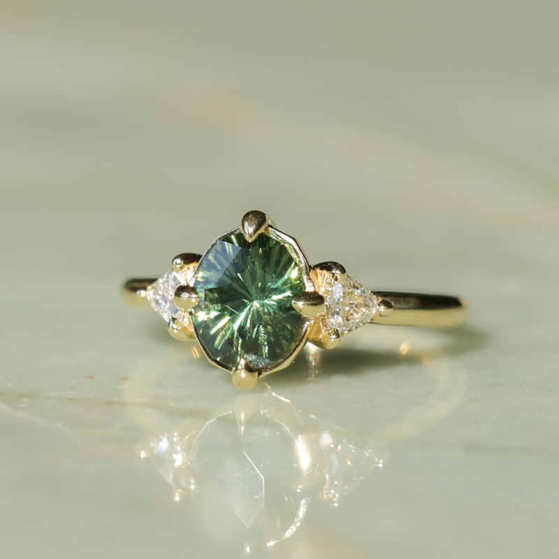 1.70ct Green Kenyan Fantasy Cut Sapphire and Diamond Antique Milgrain Three Stone Low Profile Ring in 18k Yellow Gold