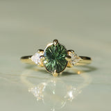 1.70ct Green Kenyan Fantasy Cut Sapphire and Diamond Antique Milgrain Three Stone Low Profile Ring in 18k Yellow Gold
