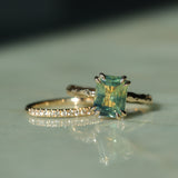 3.01ct Madagascar Parti Radiant Cut Sapphire Double Prong Evergreen Carved Stackable Solitaire in 14k Yellow Gold