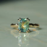 3.01ct Madagascar Parti Radiant Cut Sapphire Double Prong Evergreen Carved Stackable Solitaire in 14k Yellow Gold