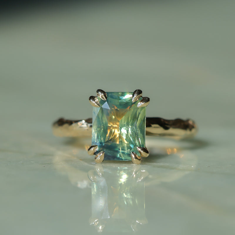 3.01ct Madagascar Parti Radiant Cut Sapphire Double Prong Evergreen Carved Stackable Solitaire in 14k Yellow Gold