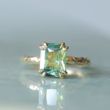 3.01ct Madagascar Parti Radiant Cut Sapphire Double Prong Evergreen Carved Stackable Solitaire in 14k Yellow Gold