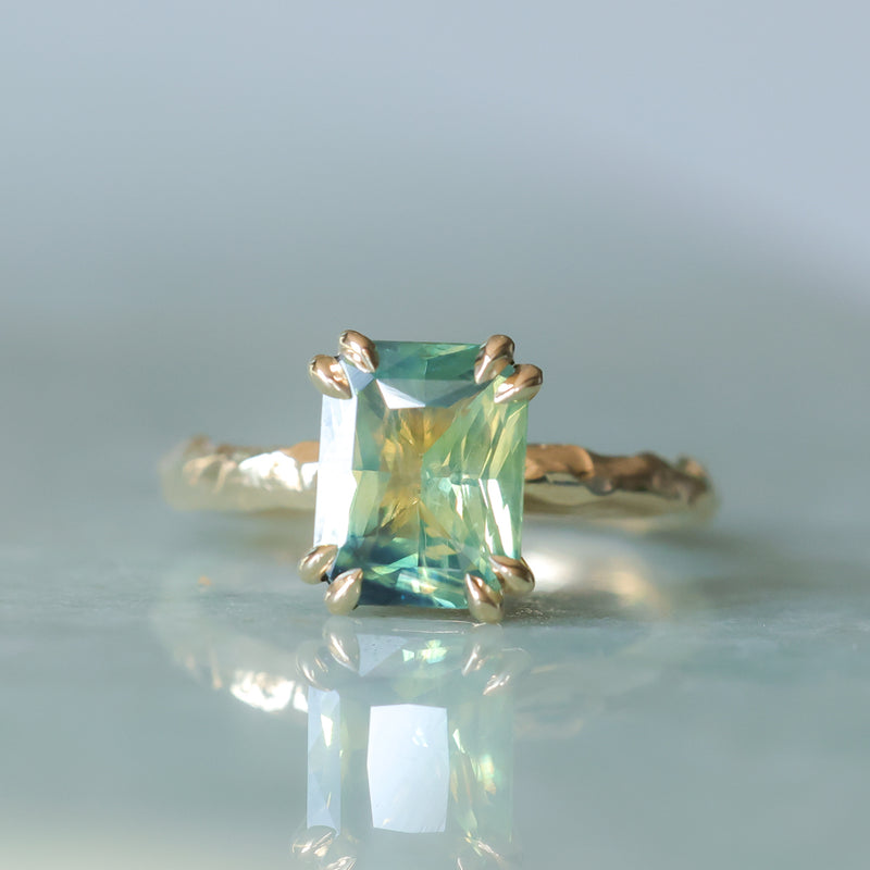 3.01ct Madagascar Parti Radiant Cut Sapphire Double Prong Evergreen Carved Stackable Solitaire in 14k Yellow Gold