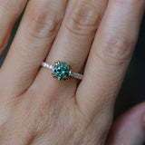 1.97ct Untreated Round Nigerian Teal Green Sapphire Double Prong Solitaire with Pave Set Diamonds in 18k Yellow Gold