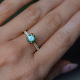 1.97ct Untreated Round Nigerian Teal Green Sapphire Double Prong Solitaire with Pave Set Diamonds in 18k Yellow Gold
