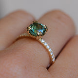 1.97ct Untreated Round Nigerian Teal Green Sapphire Double Prong Solitaire with Pave Set Diamonds in 18k Yellow Gold