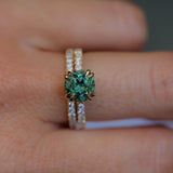 1.97ct Untreated Round Nigerian Teal Green Sapphire Double Prong Solitaire with Pave Set Diamonds in 18k Yellow Gold