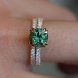 1.97ct Untreated Round Nigerian Teal Green Sapphire Double Prong Solitaire with Pave Set Diamonds in 18k Yellow Gold