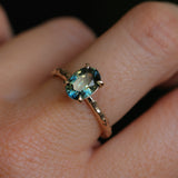 2.03ct Untreated Parti Green and Blue Oval Madagascar Sapphire Evergreen 4 Prong Carved Stackable Solitaire in 14k Yellow Gold