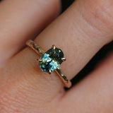 2.03ct Untreated Parti Green and Blue Oval Madagascar Sapphire Evergreen 4 Prong Carved Stackable Solitaire in 14k Yellow Gold
