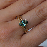 2.03ct Untreated Parti Green and Blue Oval Madagascar Sapphire Evergreen 4 Prong Carved Stackable Solitaire in 14k Yellow Gold