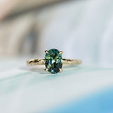 2.03ct Untreated Parti Green and Blue Oval Madagascar Sapphire Evergreen 4 Prong Carved Stackable Solitaire in 14k Yellow Gold