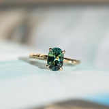 2.03ct Untreated Parti Green and Blue Oval Madagascar Sapphire Evergreen 4 Prong Carved Stackable Solitaire in 14k Yellow Gold