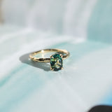 2.03ct Untreated Parti Green and Blue Oval Madagascar Sapphire Evergreen 4 Prong Carved Stackable Solitaire in 14k Yellow Gold