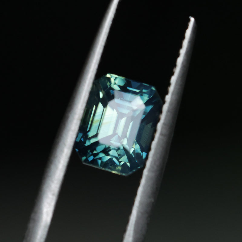 2.05CT MADAGASCAR EMERALD CUT SAPPHIRE, PARTI BLUE GREEN YELLOW, UNTREATED, 7.1X5.5X5MM