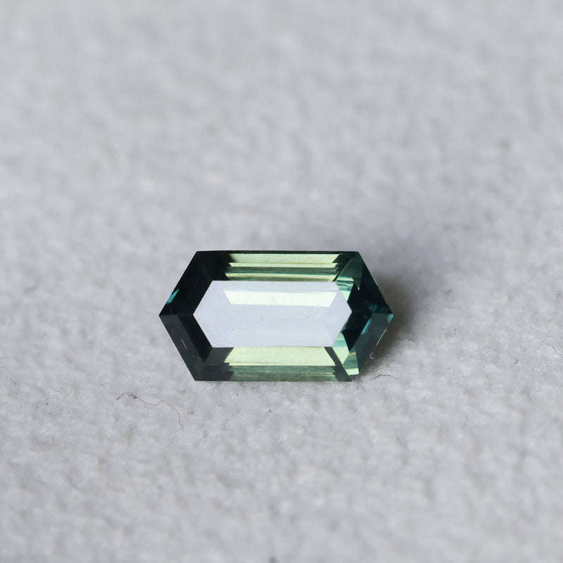 1.59CT NIGERIAN ELONGATED STEP CUT HEXAGON SAPPHIRE, PARTI GREEN, UNTREATED, 8.67X4.79X3.92MM