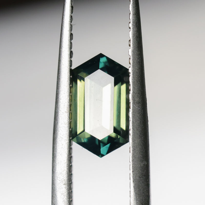 1.59CT NIGERIAN ELONGATED STEP CUT HEXAGON SAPPHIRE, PARTI GREEN, UNTREATED, 8.67X4.79X3.92MM