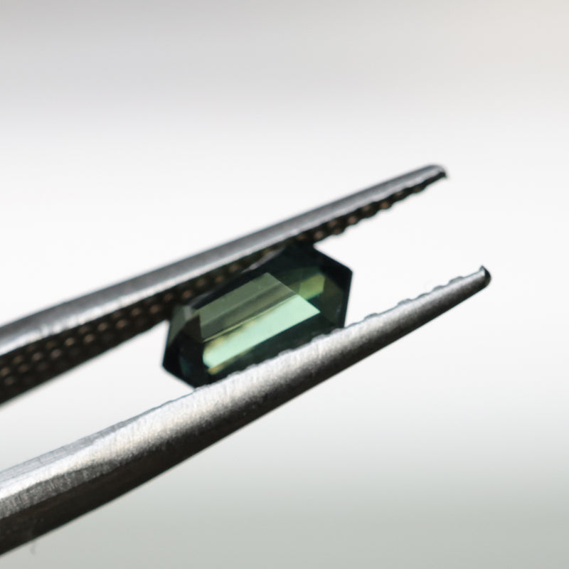1.59CT NIGERIAN ELONGATED STEP CUT HEXAGON SAPPHIRE, PARTI GREEN, UNTREATED, 8.67X4.79X3.92MM