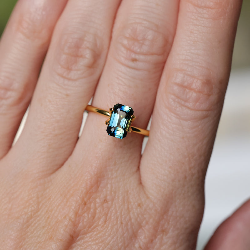 1.71CT MADAGASCAR RADIANT CUT SAPPHIRE, DEEP TEAL PARTI, UNTREATED, 8.3X5.3X3.9MM