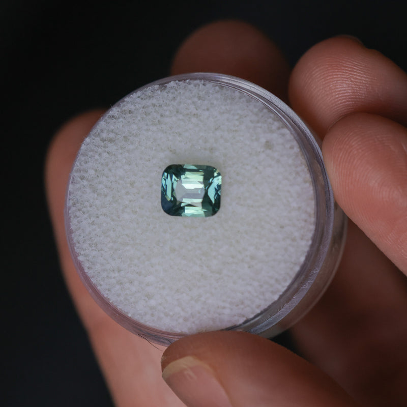 1.24CT MADAGASCAR ELONGATED CUSHION CUT SAPPHIRE, MEDIUM PARTI TEAL, UNTREATED, 6.27X5.51X3.44MM