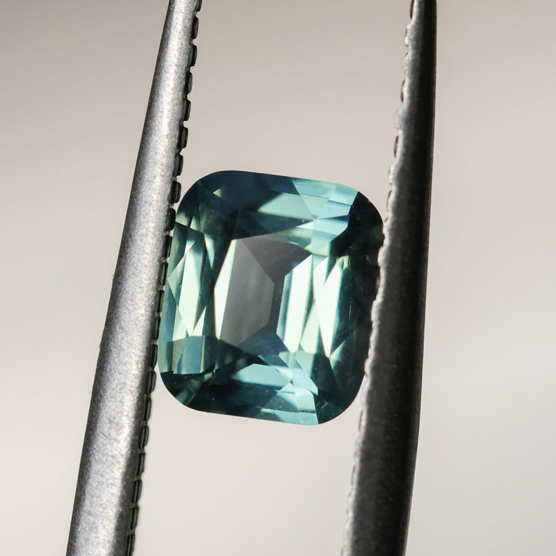 1.24CT MADAGASCAR ELONGATED CUSHION CUT SAPPHIRE, MEDIUM PARTI TEAL, UNTREATED, 6.27X5.51X3.44MM