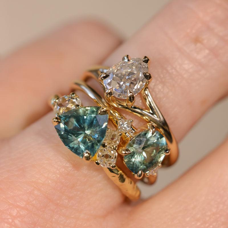 1.20ct Oval Brilliant Teal Montana Sapphire and Princess Cut Diamond Rapids Low Profile Ring in 14k Yellow Gold