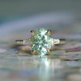 3.50ct Oval Untreated Montana Sapphire and Tapered Baguette Diamond Stackable 4 Prong Ring With Euro Shank in 18k Yellow Gold