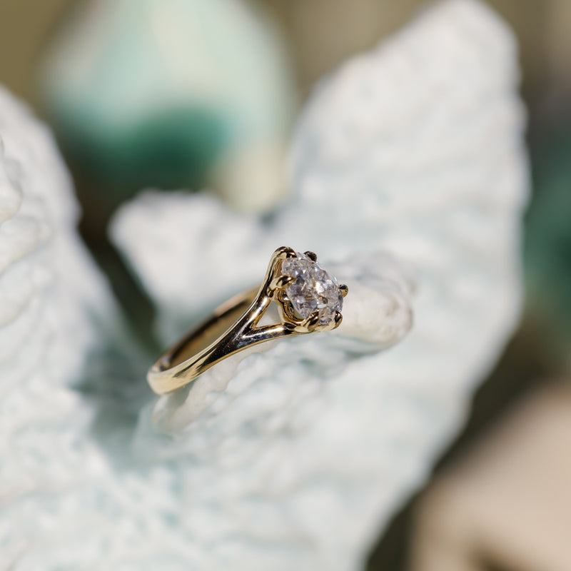 1.18ct Natural Canadian Pear Modern "Antique Cut" Diamond Low Profile Six Prong Split Shank Solitaire in 14k Yellow Gold