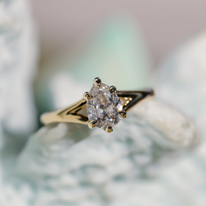 1.18ct Natural Canadian Pear Modern "Antique Cut" Diamond Low Profile Six Prong Split Shank Solitaire in 14k Yellow Gold