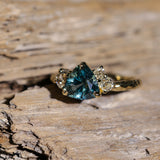 2.17ct Trillion Teal Blue Untreated Montana Sapphire and Antique Diamond Mountainscape Ring in 18k Yellow Gold