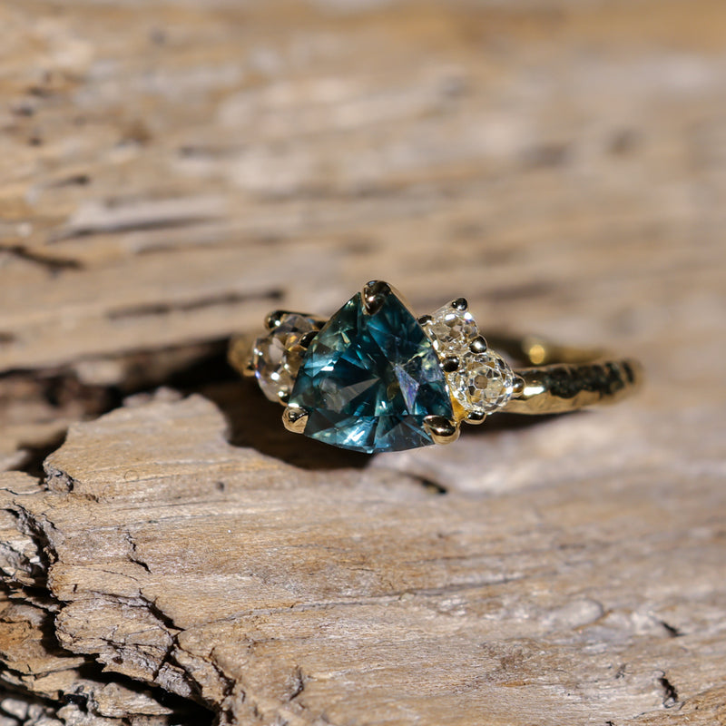2.17ct Trillion Teal Blue Untreated Montana Sapphire and Antique Diamond Mountainscape Ring in 18k Yellow Gold
