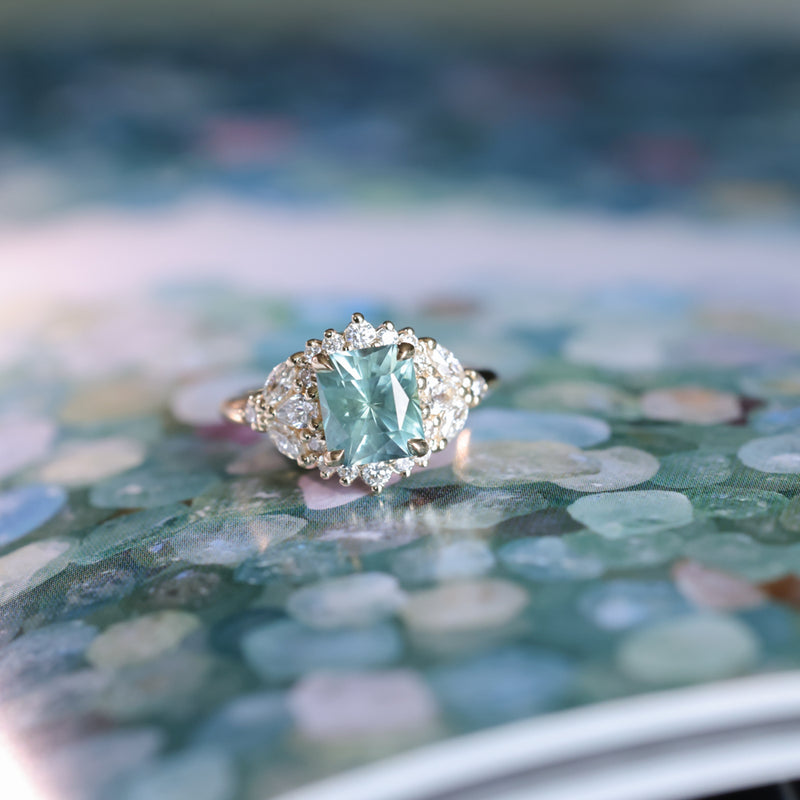 2.70ct Untreated Radiant Cut Montana Sapphire and Diamond Floral Halo in 14k Yellow Gold