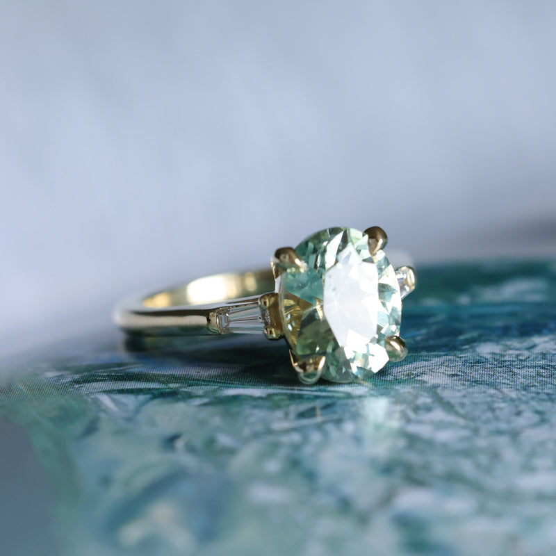 3.50ct Oval Untreated Montana Sapphire and Tapered Baguette Diamond Stackable 4 Prong Ring With Euro Shank in 18k Yellow Gold