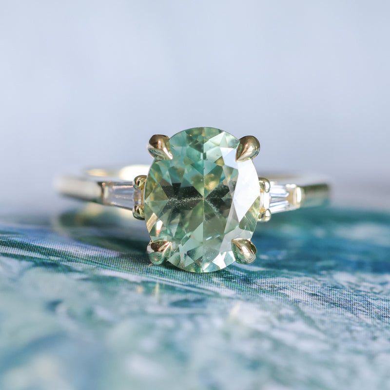 3.50ct Oval Untreated Montana Sapphire and Tapered Baguette Diamond Stackable 4 Prong Ring With Euro Shank in 18k Yellow Gold