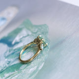 2.75ct Round Untreated Parti Montana Sapphire and Pear Montana Sapphire Three Stone Low Profile Scallop Ring in 18k Yellow Gold