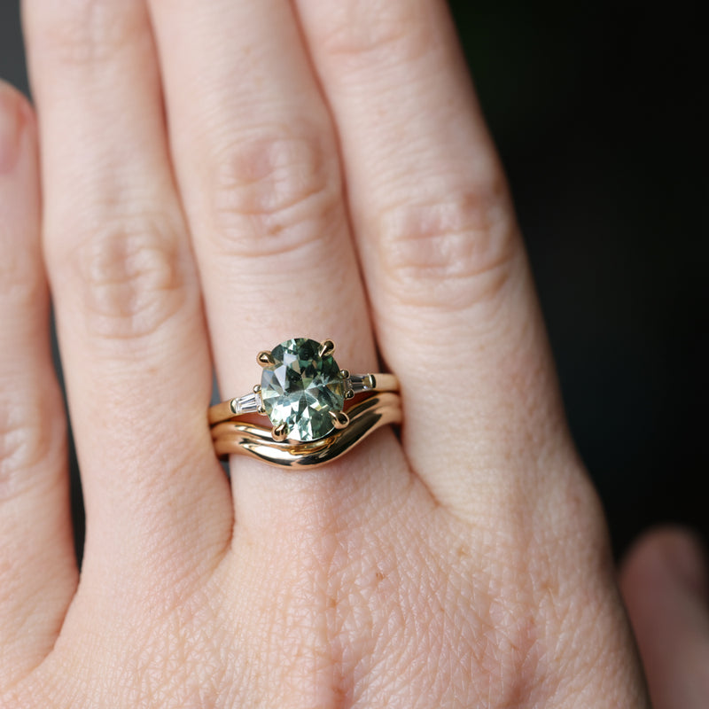 3.50ct Oval Untreated Montana Sapphire and Tapered Baguette Diamond Stackable 4 Prong Ring With Euro Shank in 18k Yellow Gold