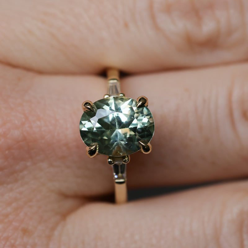 3.50ct Oval Untreated Montana Sapphire and Tapered Baguette Diamond Stackable 4 Prong Ring With Euro Shank in 18k Yellow Gold