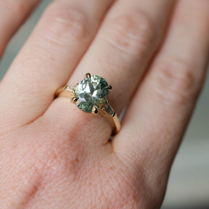 3.50ct Oval Untreated Montana Sapphire and Tapered Baguette Diamond Stackable 4 Prong Ring With Euro Shank in 18k Yellow Gold