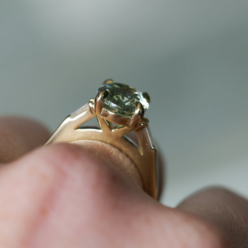 3.50ct Oval Untreated Montana Sapphire and Tapered Baguette Diamond Stackable 4 Prong Ring With Euro Shank in 18k Yellow Gold