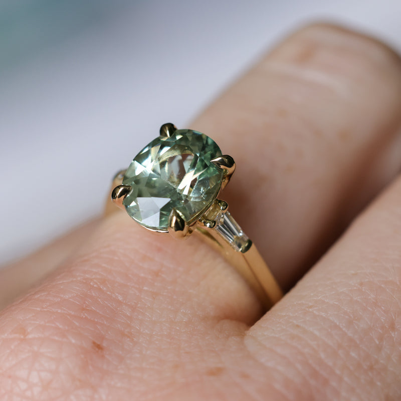 3.50ct Oval Untreated Montana Sapphire and Tapered Baguette Diamond Stackable 4 Prong Ring With Euro Shank in 18k Yellow Gold