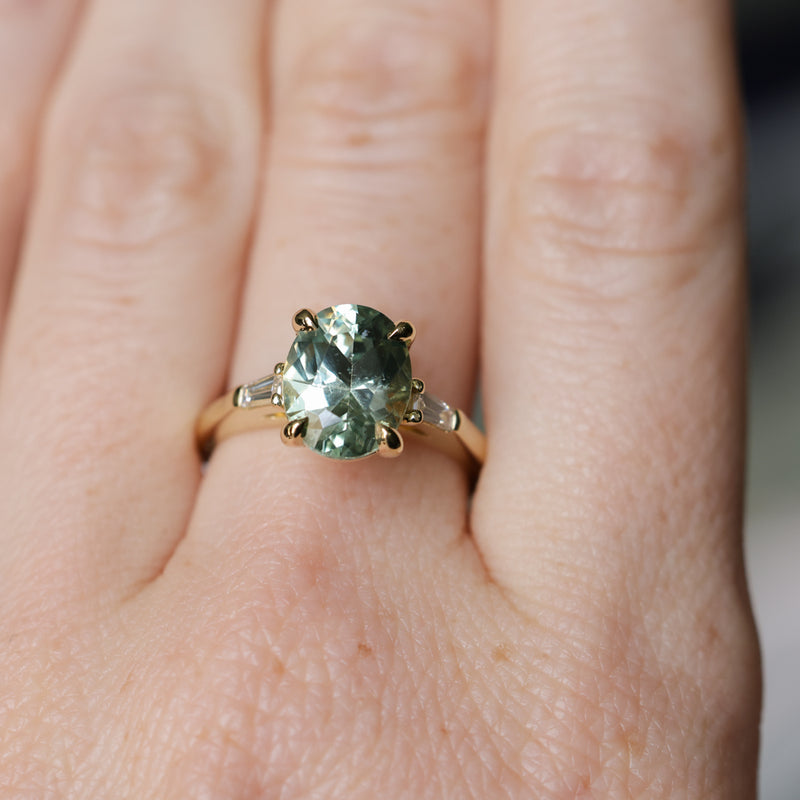 3.50ct Oval Untreated Montana Sapphire and Tapered Baguette Diamond Stackable 4 Prong Ring With Euro Shank in 18k Yellow Gold