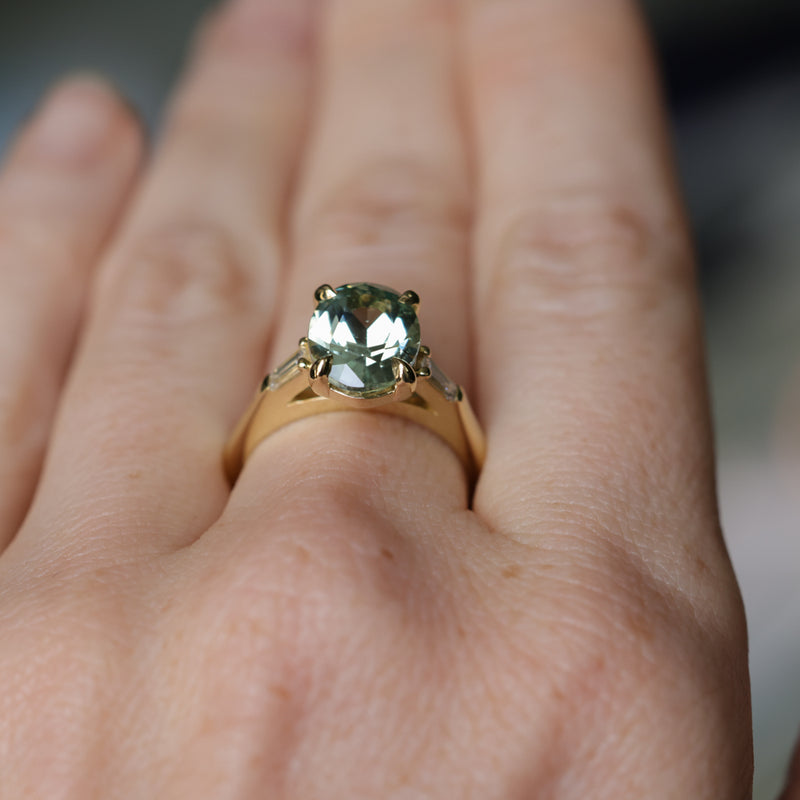 3.50ct Oval Untreated Montana Sapphire and Tapered Baguette Diamond Stackable 4 Prong Ring With Euro Shank in 18k Yellow Gold