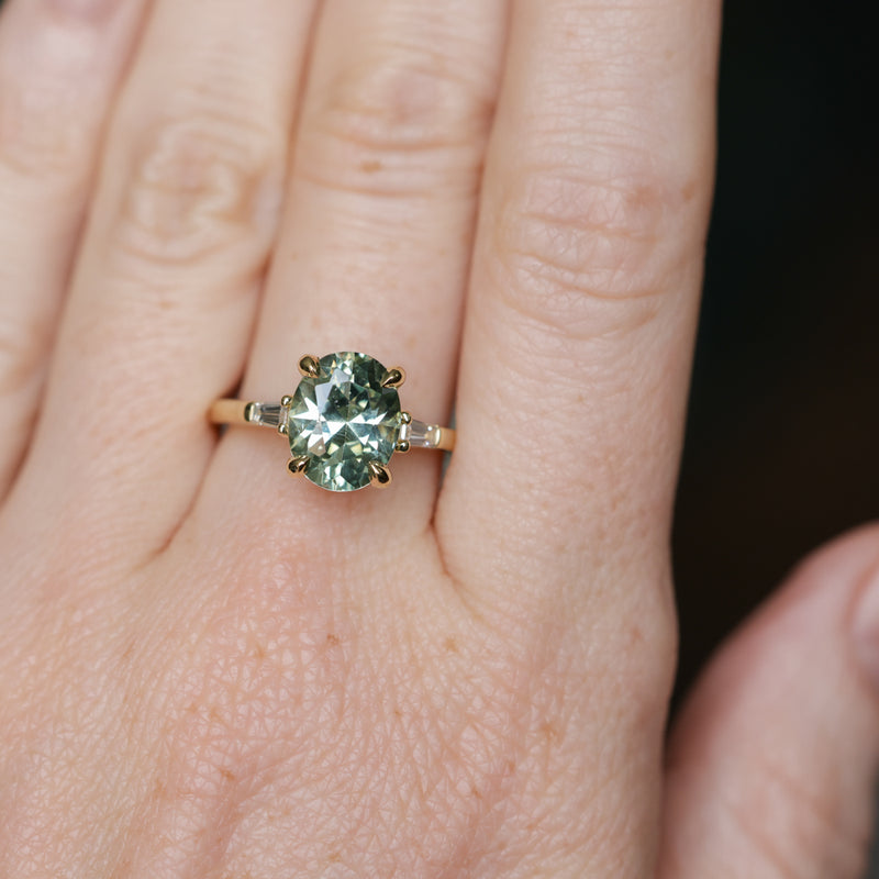 3.50ct Oval Untreated Montana Sapphire and Tapered Baguette Diamond Stackable 4 Prong Ring With Euro Shank in 18k Yellow Gold