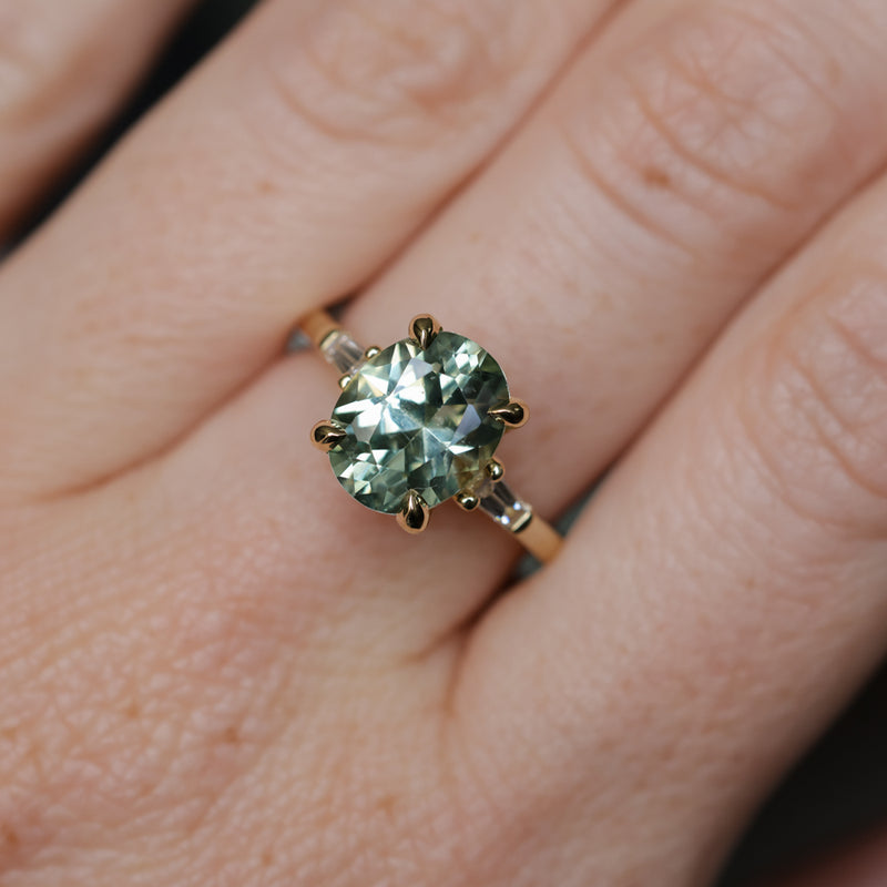 3.50ct Oval Untreated Montana Sapphire and Tapered Baguette Diamond Stackable 4 Prong Ring With Euro Shank in 18k Yellow Gold