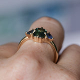 1.24ct Untreated Emerald Cut Parti Madagascar Sapphire and Trillion Sapphire Compass Set Low Profile Ring in 14k Yellow Gold