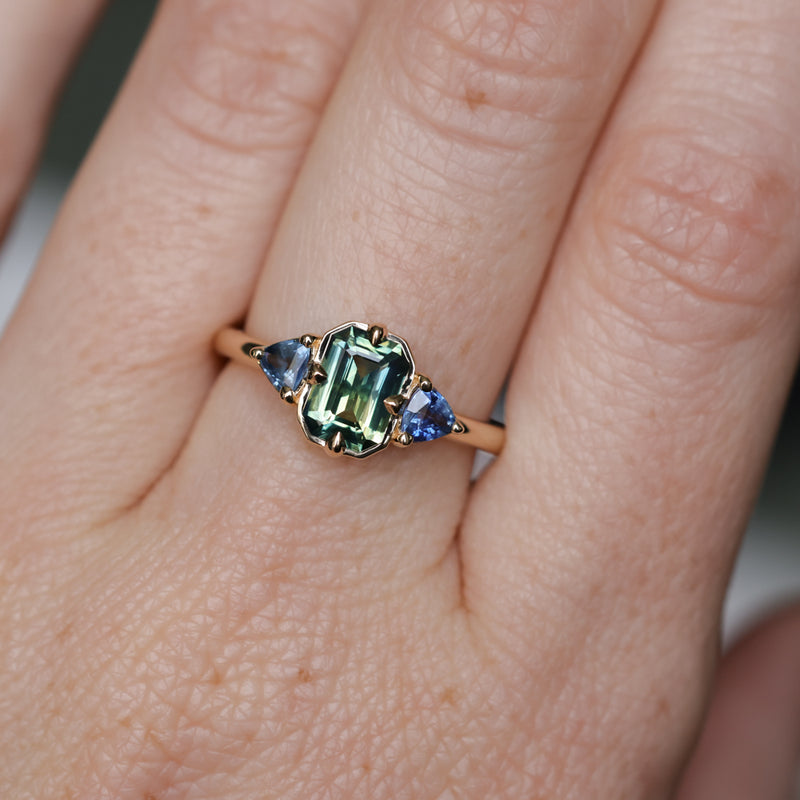 1.24ct Untreated Emerald Cut Parti Madagascar Sapphire and Trillion Sapphire Compass Set Low Profile Ring in 14k Yellow Gold