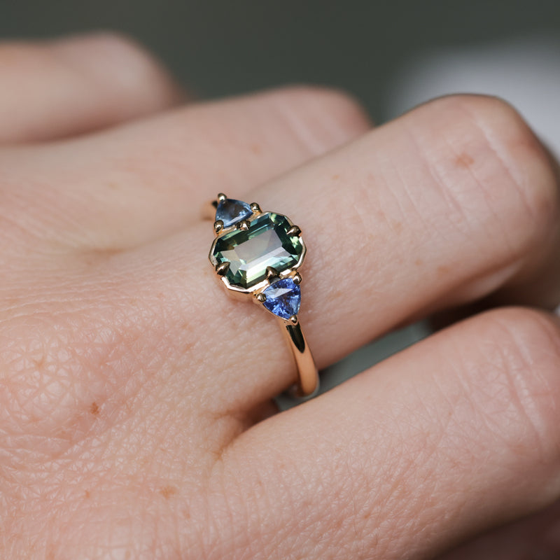 1.24ct Untreated Emerald Cut Parti Madagascar Sapphire and Trillion Sapphire Compass Set Low Profile Ring in 14k Yellow Gold