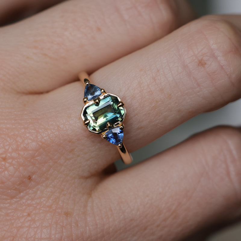 1.24ct Untreated Emerald Cut Parti Madagascar Sapphire and Trillion Sapphire Compass Set Low Profile Ring in 14k Yellow Gold