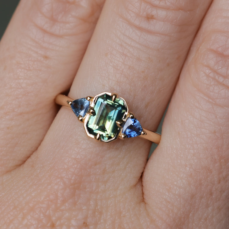 1.24ct Untreated Emerald Cut Parti Madagascar Sapphire and Trillion Sapphire Compass Set Low Profile Ring in 14k Yellow Gold